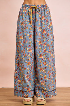 BiBi Floral Printed Drawstring Wide Pants in light blue cotton blend