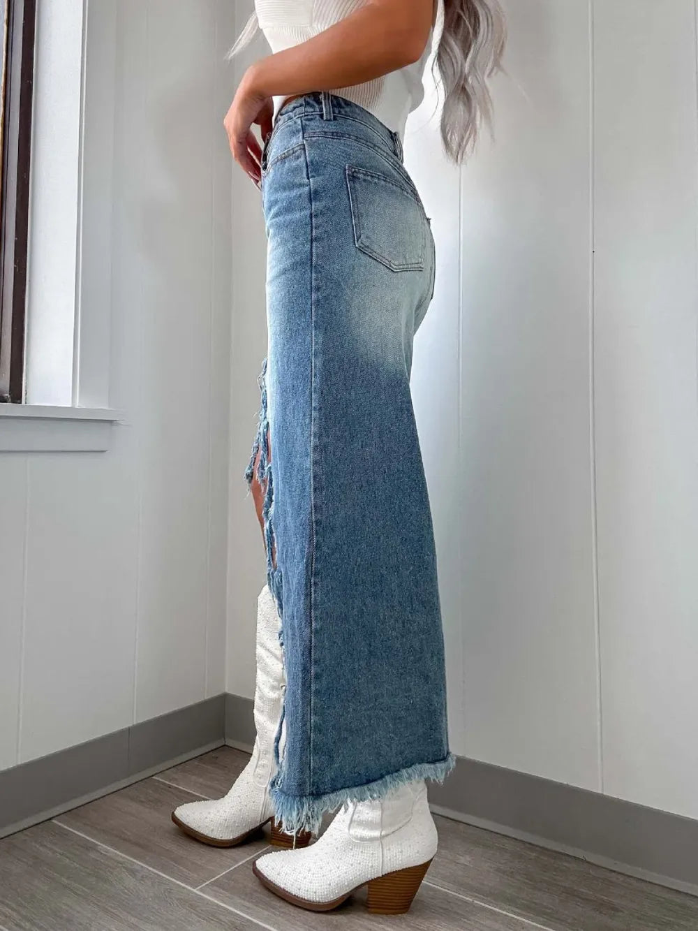 High-Waist Raw Hem Asymmetry Denim Skirt | Skirts Daverri Fashions