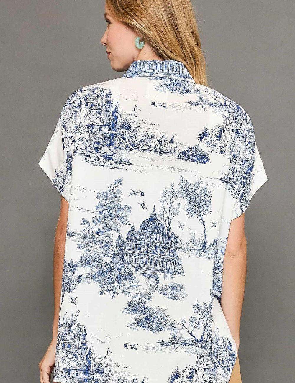 Umgee Full Size Two Tone Print Button Up Short Sleeve Shirt Plus Size | Daverri Fashions