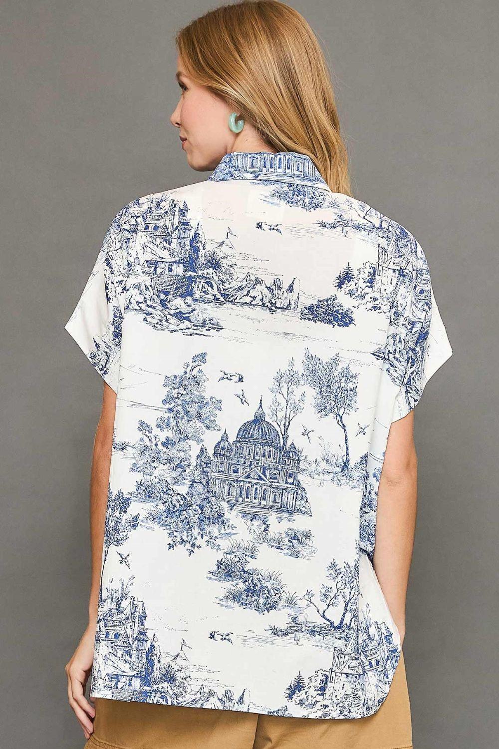 Umgee Full Size Two Tone Print Button Up Short Sleeve Shirt Plus Size