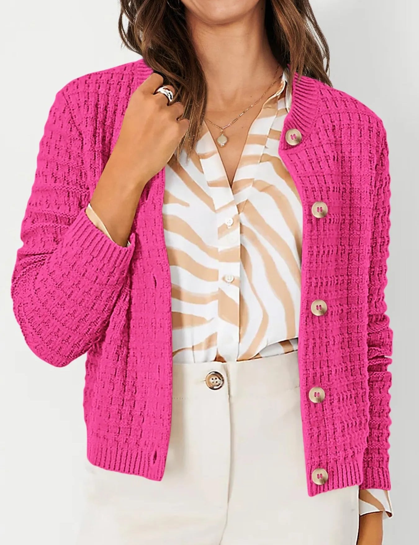 Rose Red Textured Knit Button-Front Cardigan | Cardigans Daverri Fashions