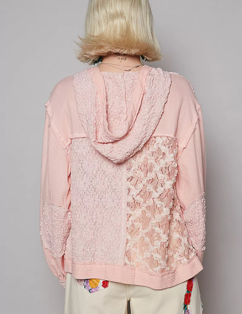 POL Exposed Seam Button Down Hooded Jacket with Lace Detail | Jackets Daverri Fashions