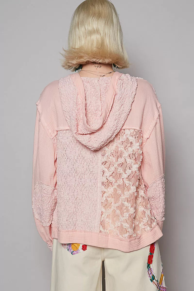 POL Exposed Seam Button Down Hooded Jacket with Lace Detail | Jackets Daverri Fashions
