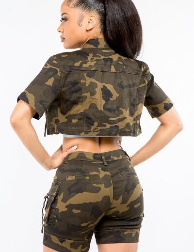 American Bazi Full Size Camouflage Short Sleeve Cropped Jacket