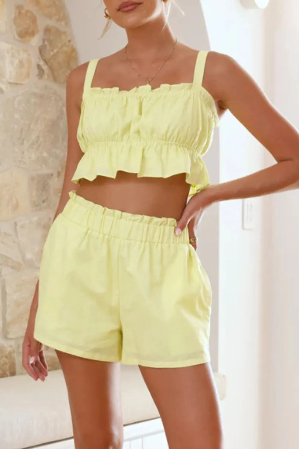 Daverri ruffled square neck cami and bright yellow shorts set