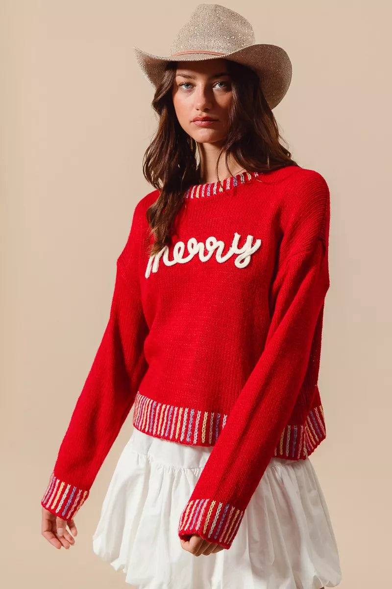 SO ME Merry Lettering Embroidered Christmas Sweater | Sweaters Daverri Fashions