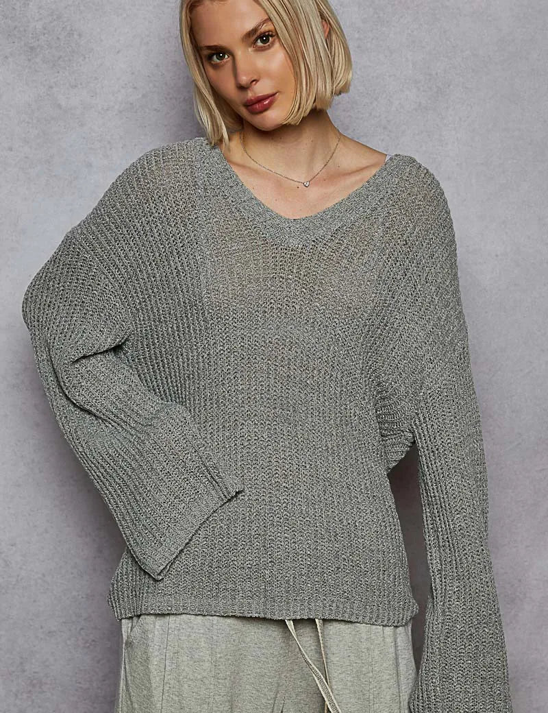 Dark Gray POL Oversized V-Neck Knit Top | Tops Daverri Fashions