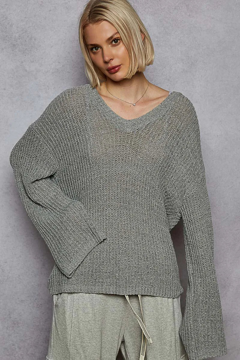 POL Oversized V-Neck Knit Top Dark Gray Tops