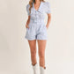 MABLE Striped Puff Sleeve Collared Neck Romper Rompers