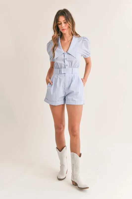 MABLE Striped Puff Sleeve Collared Neck Romper Rompers