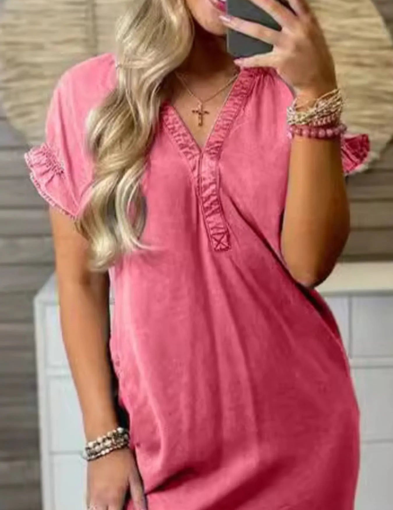 Full Size V-Neck Short Sleeve Denim Dress Plus Size | Daverri Fashions