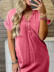 Full Size V-Neck Short Sleeve Denim Dress Plus Size | Daverri Fashions