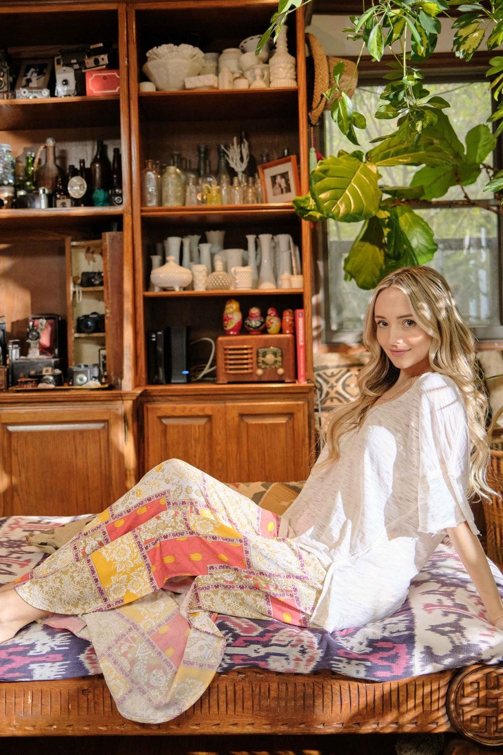 And The Why Printed Smocking Waist Side Slit Wide Leg Pants - DAVERRI FASHIONS