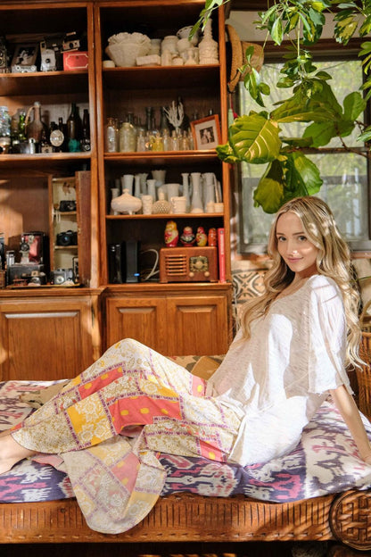 And The Why Printed Smocking Waist Side Slit Wide Leg Pants - DAVERRI FASHIONS