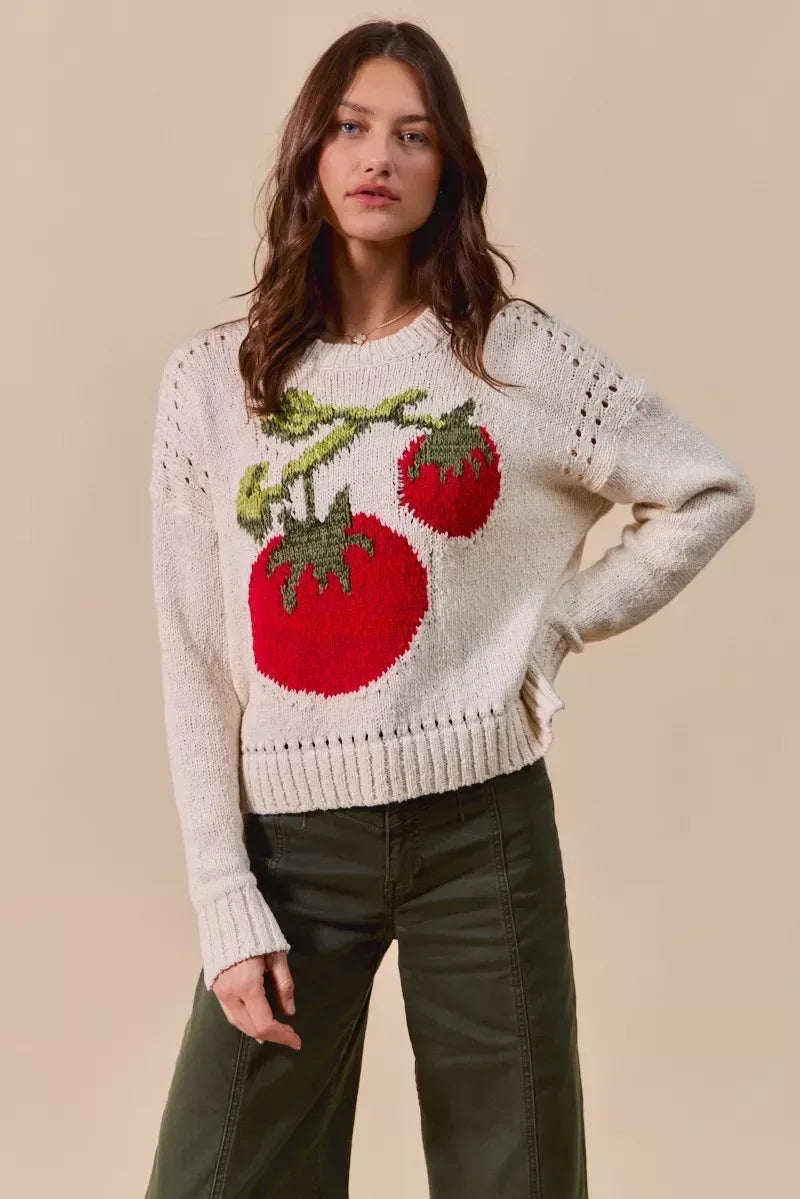 SO ME Vegetable Round Neck Long Sleeve Sweater - DAVERRI FASHIONS