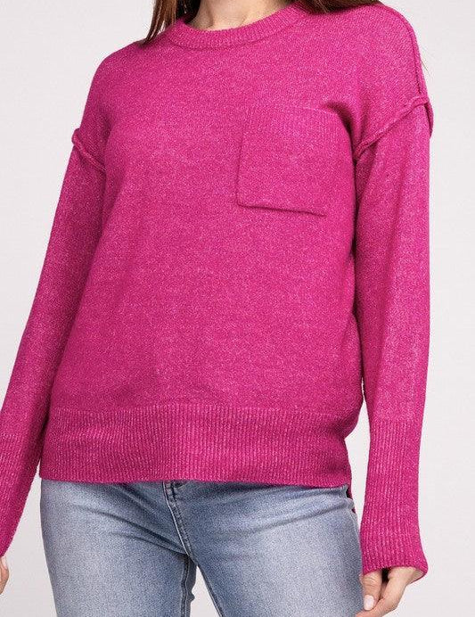 Zenana Hi-Low Hem Round Neck Sweater H MAGENTA L XL Sweaters