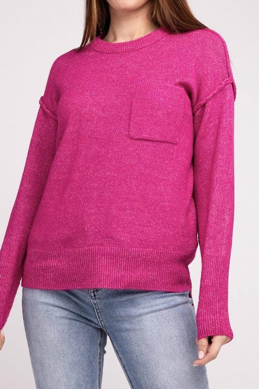 Zenana Hi-Low Hem Round Neck Sweater H MAGENTA L XL Sweaters