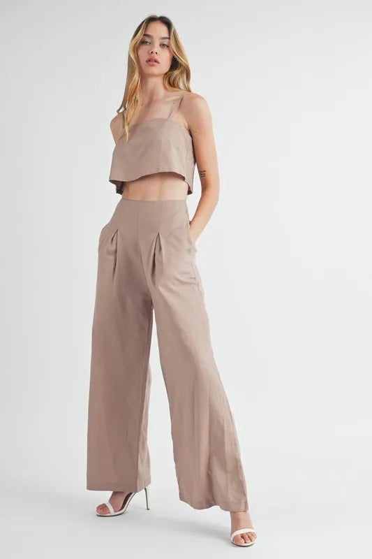 MABLE Linen Mix Crop Cami and Wide Leg Pants Set Outfit Sets
