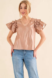 ROSE GOLD And The Why Faux Leather Ruffle Sleeves V Neck Top | Tops Daverri Fashions