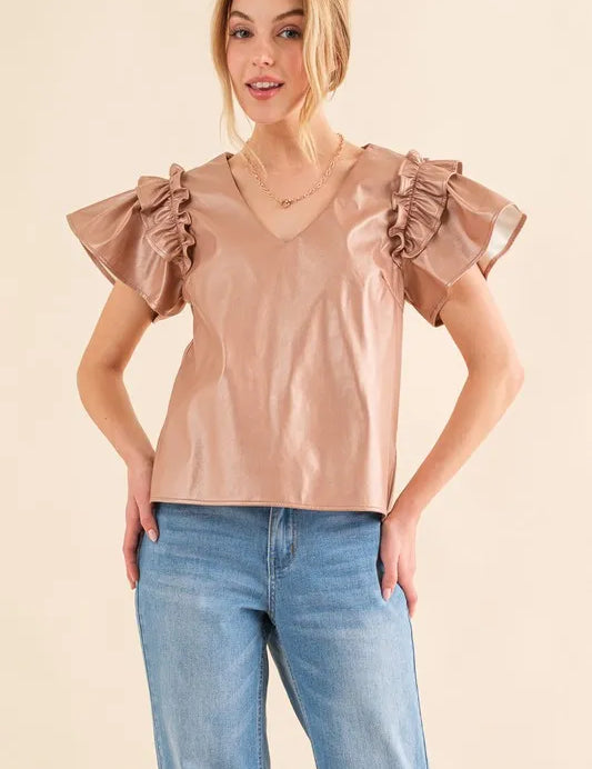 ROSE GOLD And The Why Faux Leather Ruffle Sleeves V Neck Top | Tops Daverri Fashions