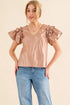 And The Why Faux Leather Ruffle Sleeves V Neck Top - DAVERRI FASHIONS