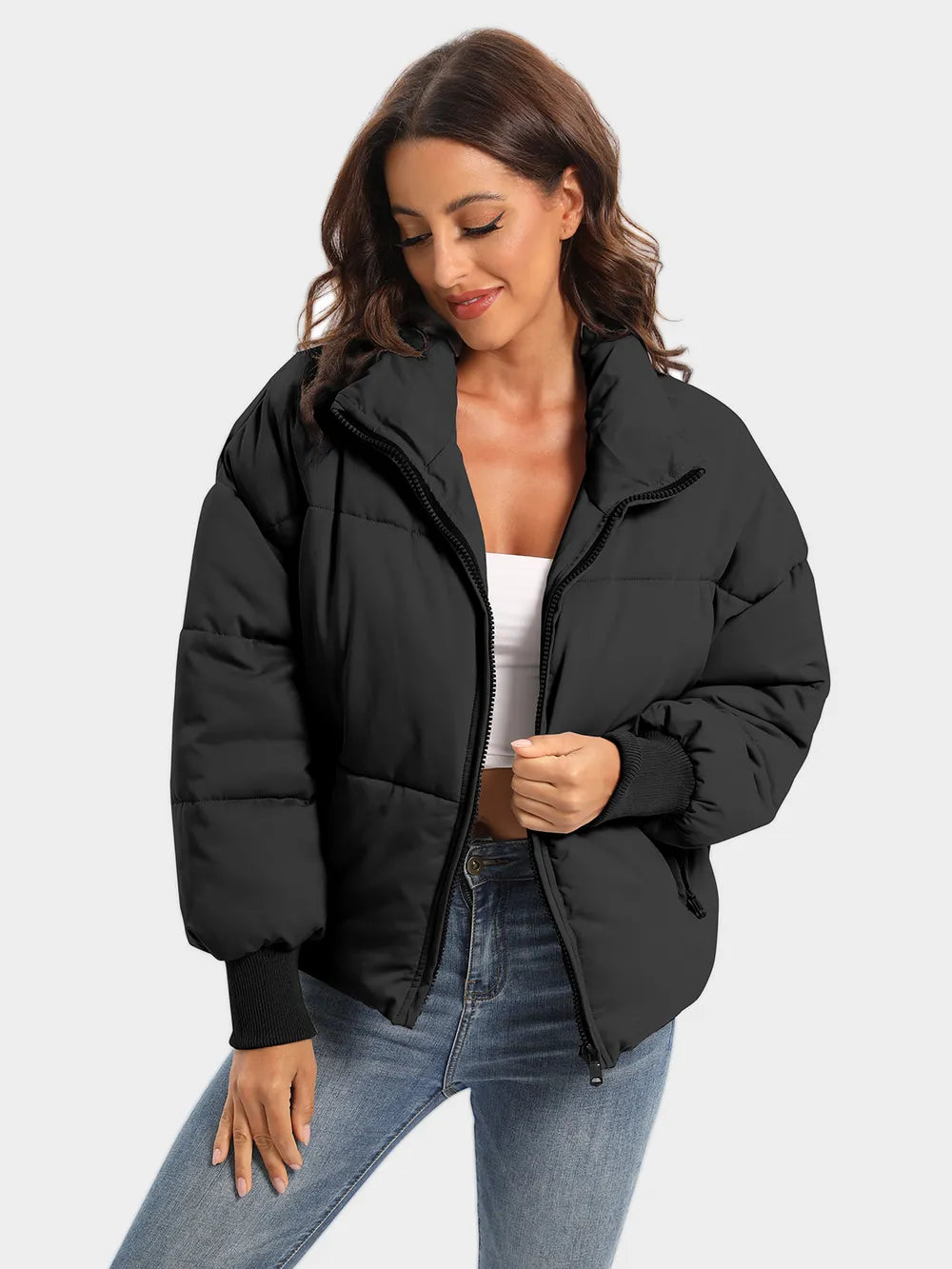 Black zip-up turtleneck long sleeve puffer jacket with hood