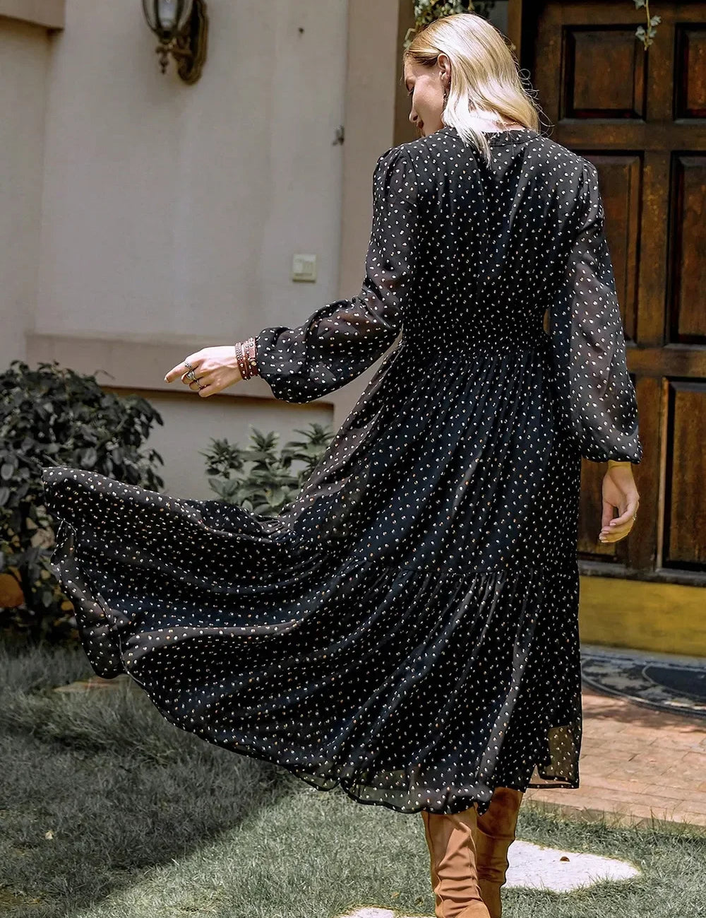 Black polka dot embroidered tie neck long sleeve midi dress