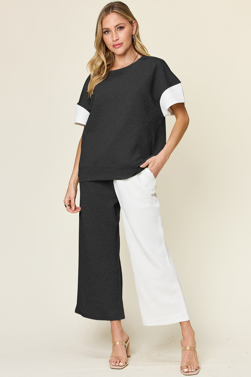 Double Take Full Size Texture Contrast T-Shirt and Wide Leg Pants Set White Pants