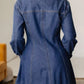 Medium-wash blue denim shirt collar long sleeve flared mini dress