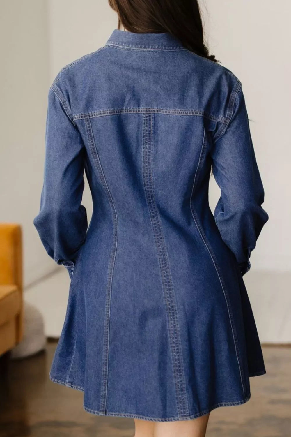Medium-wash blue denim shirt collar long sleeve flared mini dress