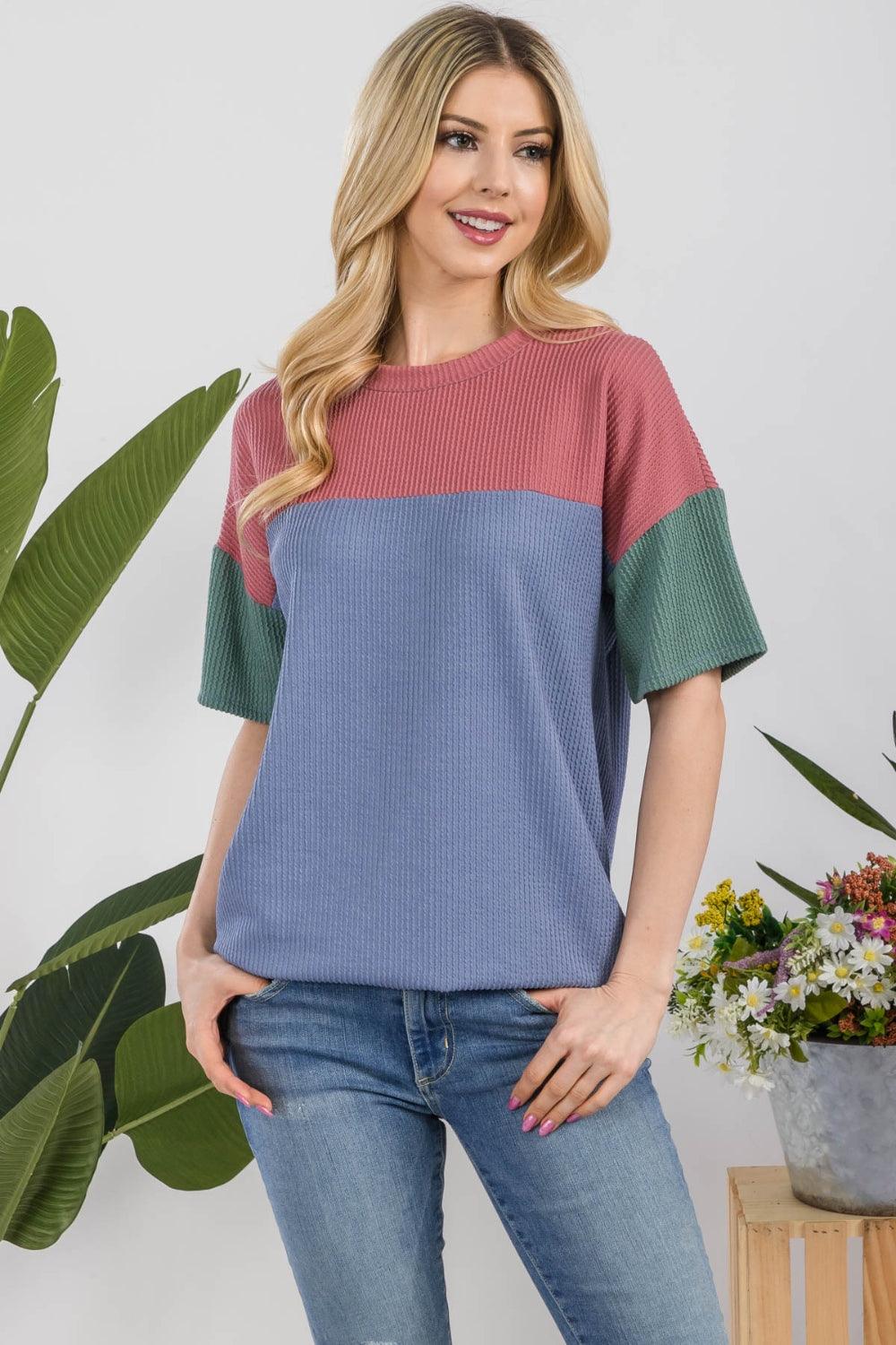 Celeste Full Size Ribbed Color Block T-Shirt Shirts & Tops