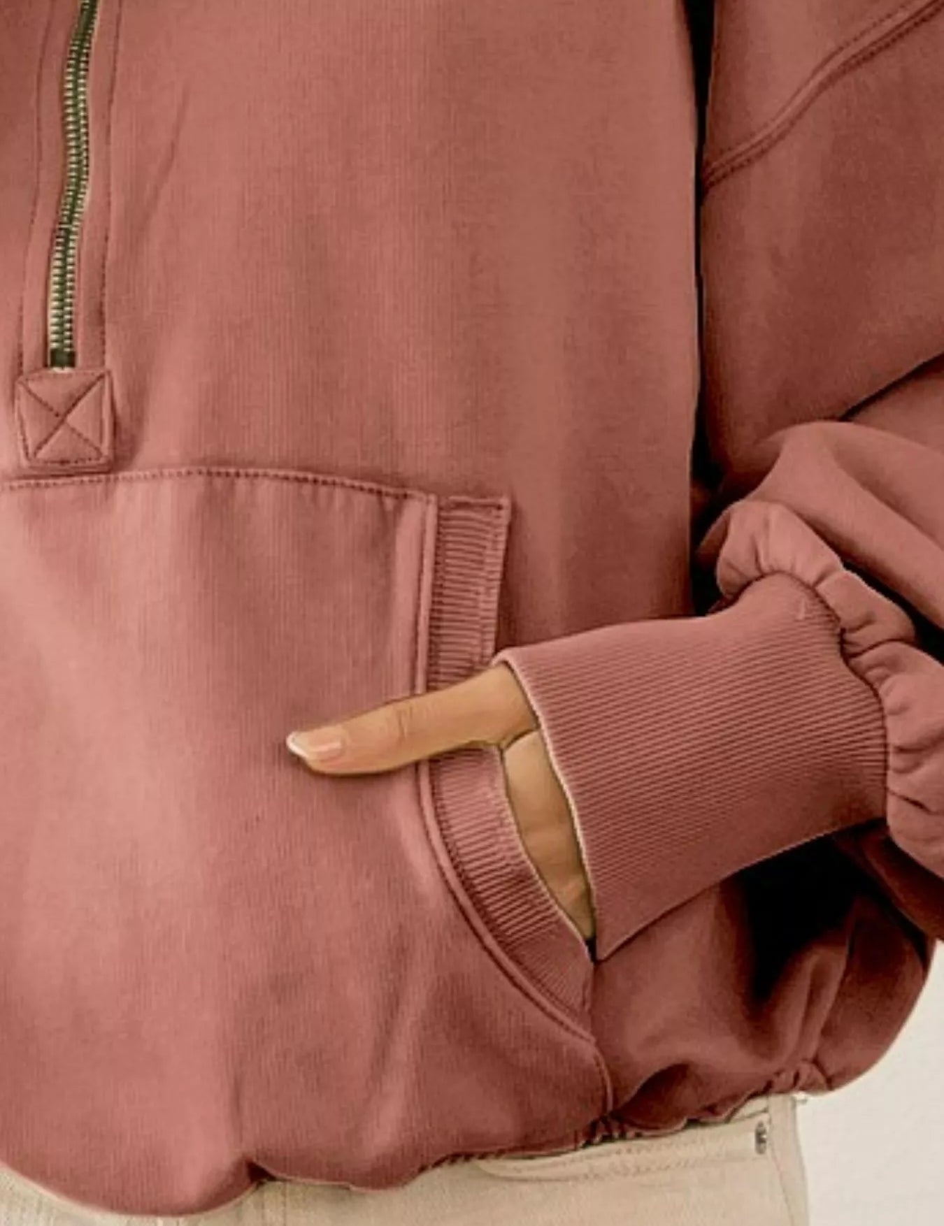 BiBi Stitch Detailed Elastic Hem Half Zip Fleece Hoodie Terracotta | Hoodies Daverri Fashions