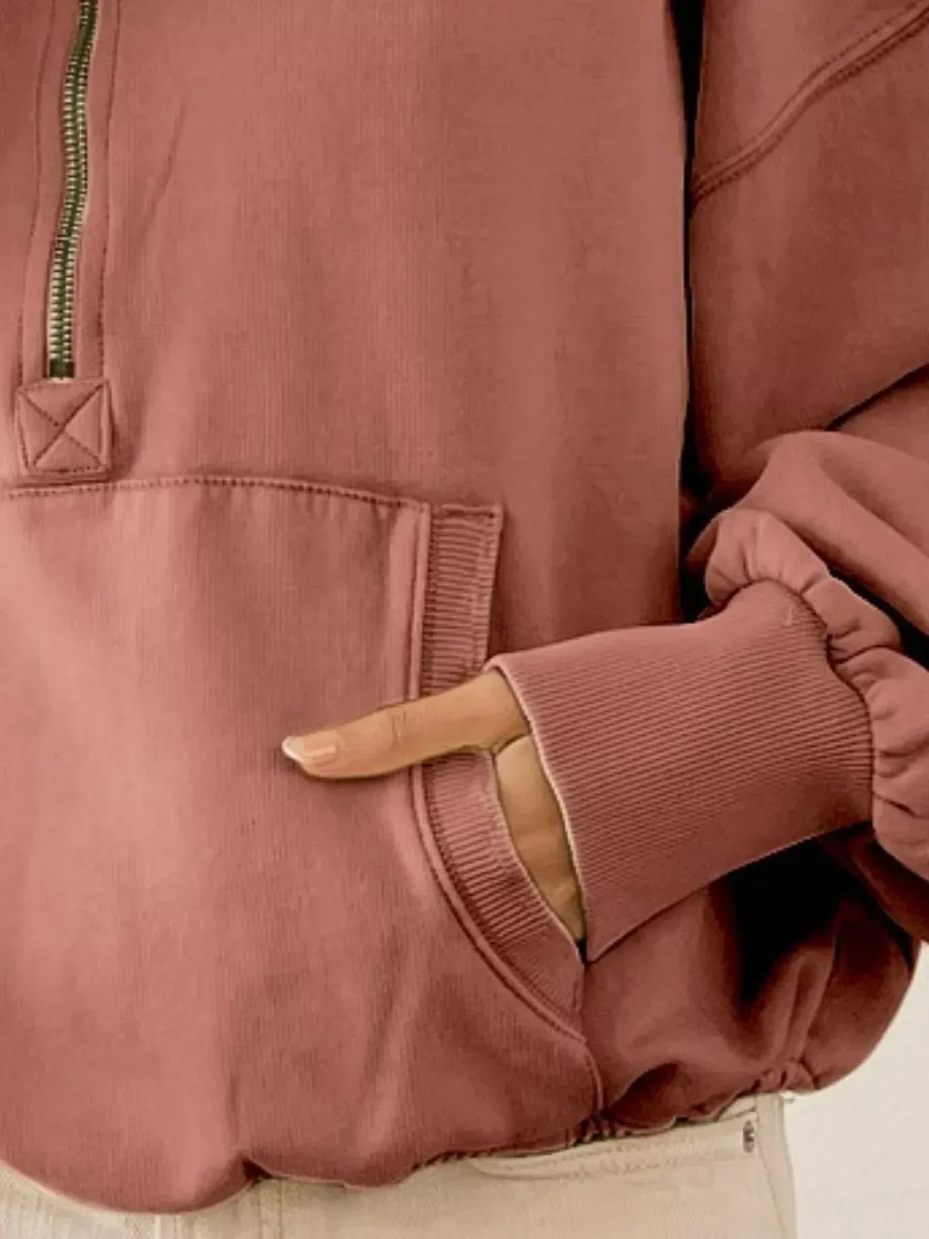 BiBi Stitch Detailed Elastic Hem Half Zip Fleece Hoodie Terracotta - DAVERRI FASHIONS