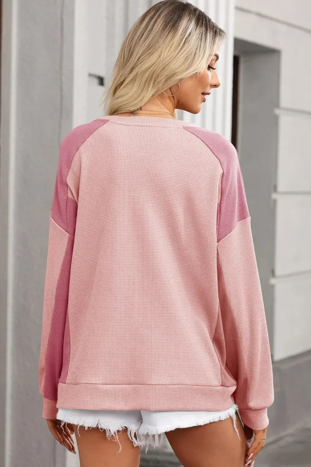 Blush Pink Round Neck Long Sleeve Sweatshirt - DAVERRI FASHIONS