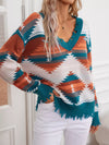 Daverri Fashions teal orange white geometric frayed hem V-neck sweater