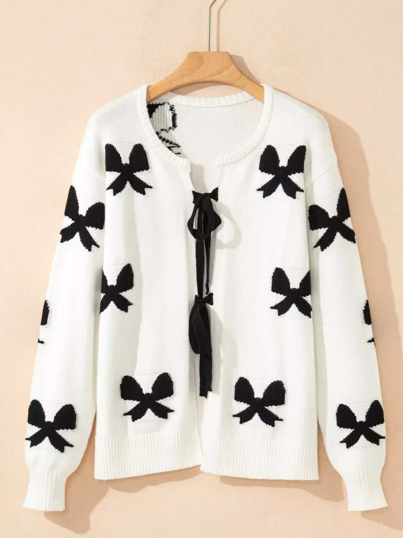 Tie Front Bow Pattern Cardigan - DAVERRI FASHIONS