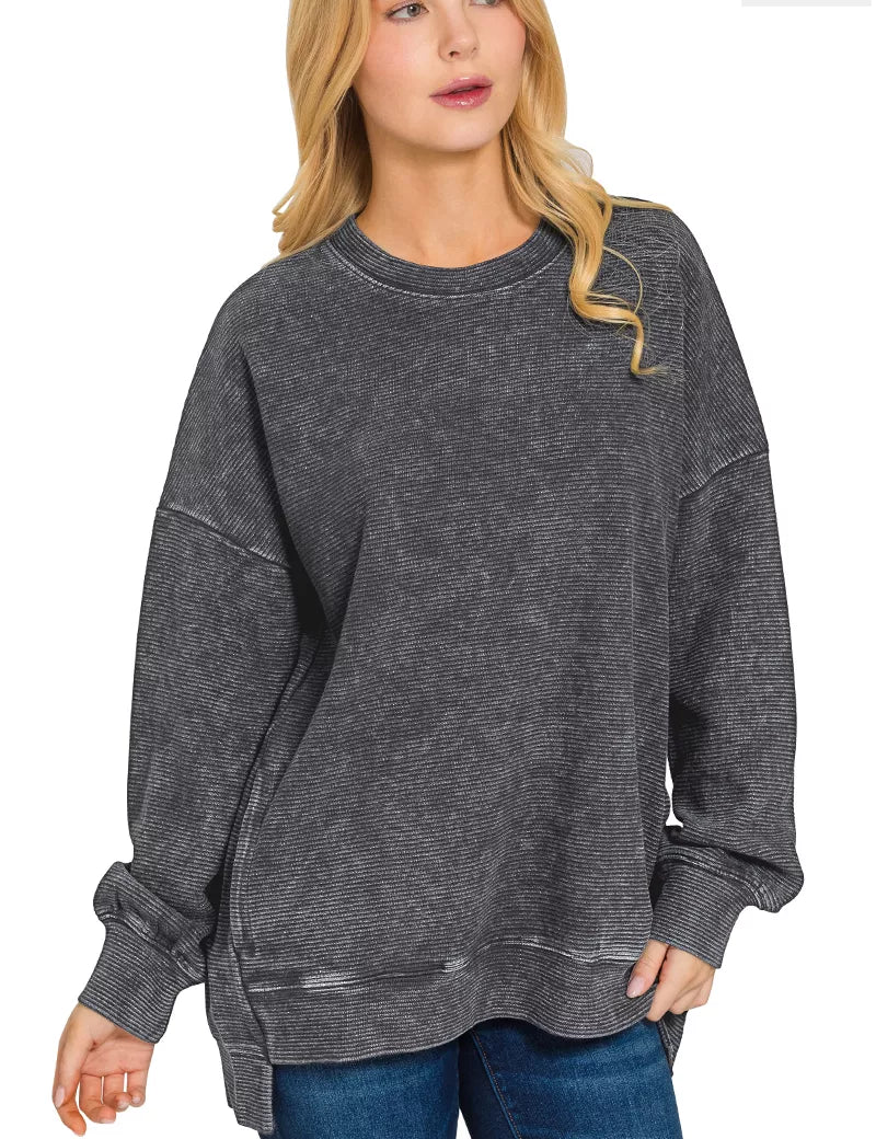 Zenana Full Size Acid Washed Double Ribbed Hi-low Sweatshirt Plus Size | Sweatshirts Daverri Fashions