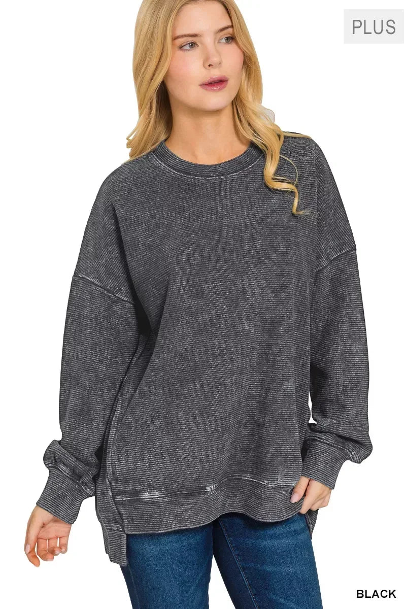 Zenana Full Size Acid Washed Double Ribbed Hi-low Sweatshirt Plus Size - DAVERRI FASHIONS