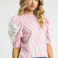 Umgee Striped Lace Puff Sleeve Blouse Pink