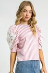 Umgee Striped Lace Puff Sleeve Blouse - DAVERRI FASHIONS
