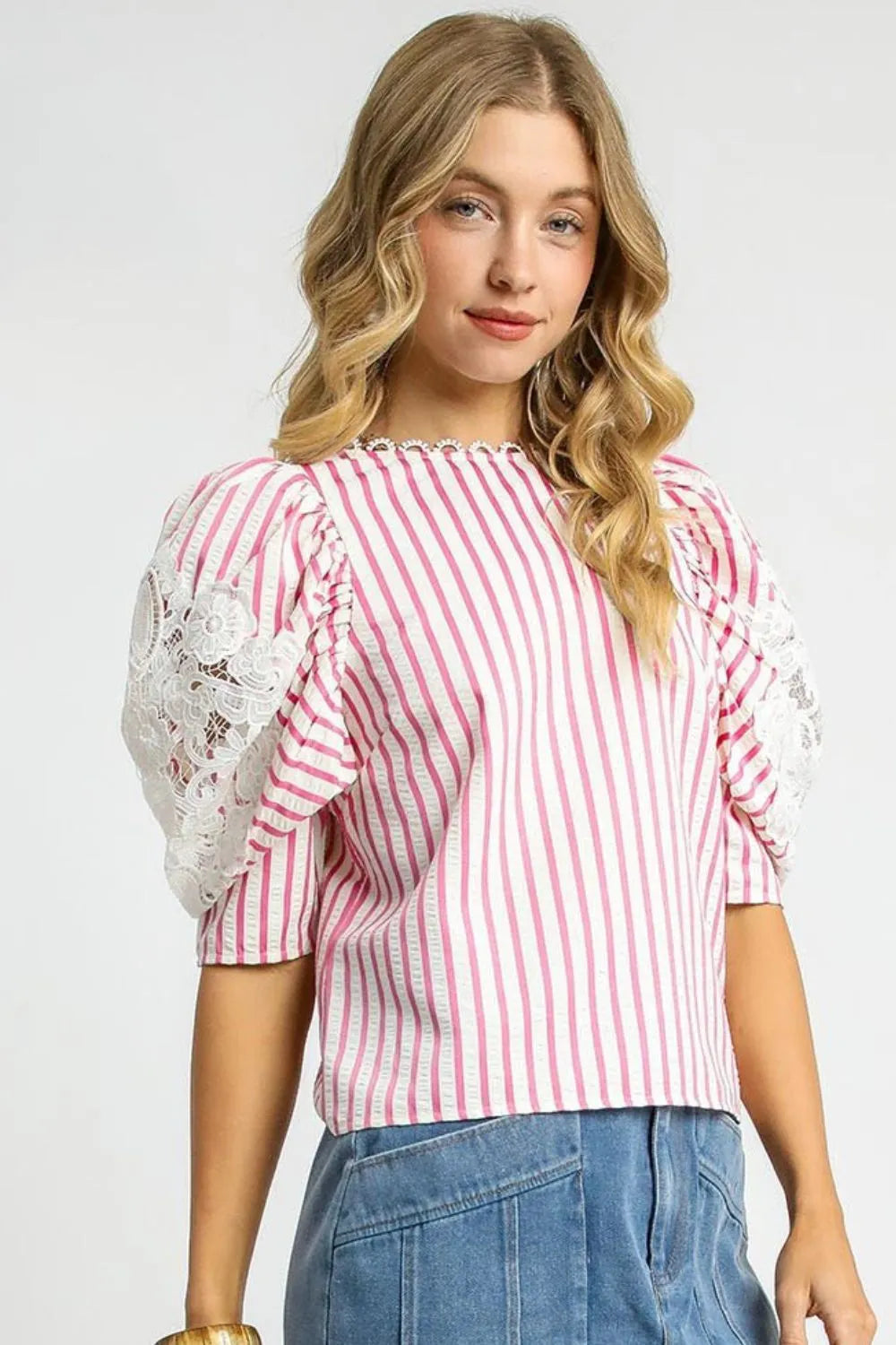 Umgee Striped Lace Puff Sleeve Blouse Pink