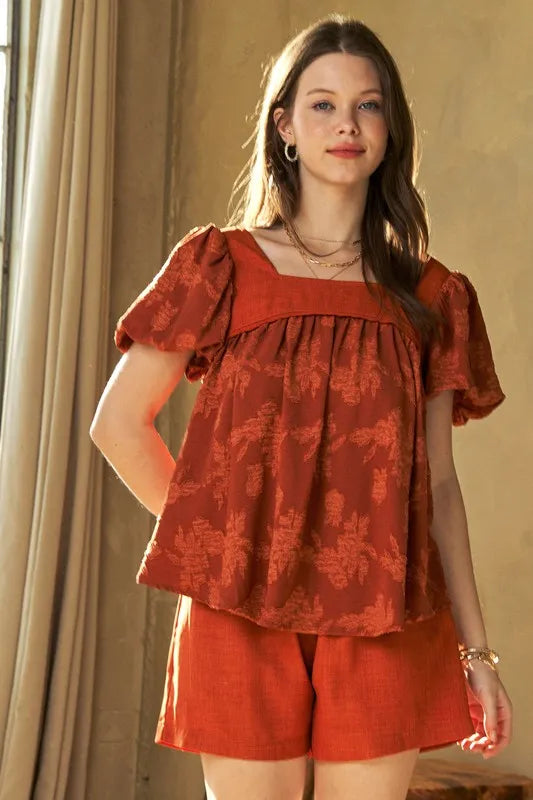 Davi & Dani Nature Printed Square Neck Puff Sleeve Blouse