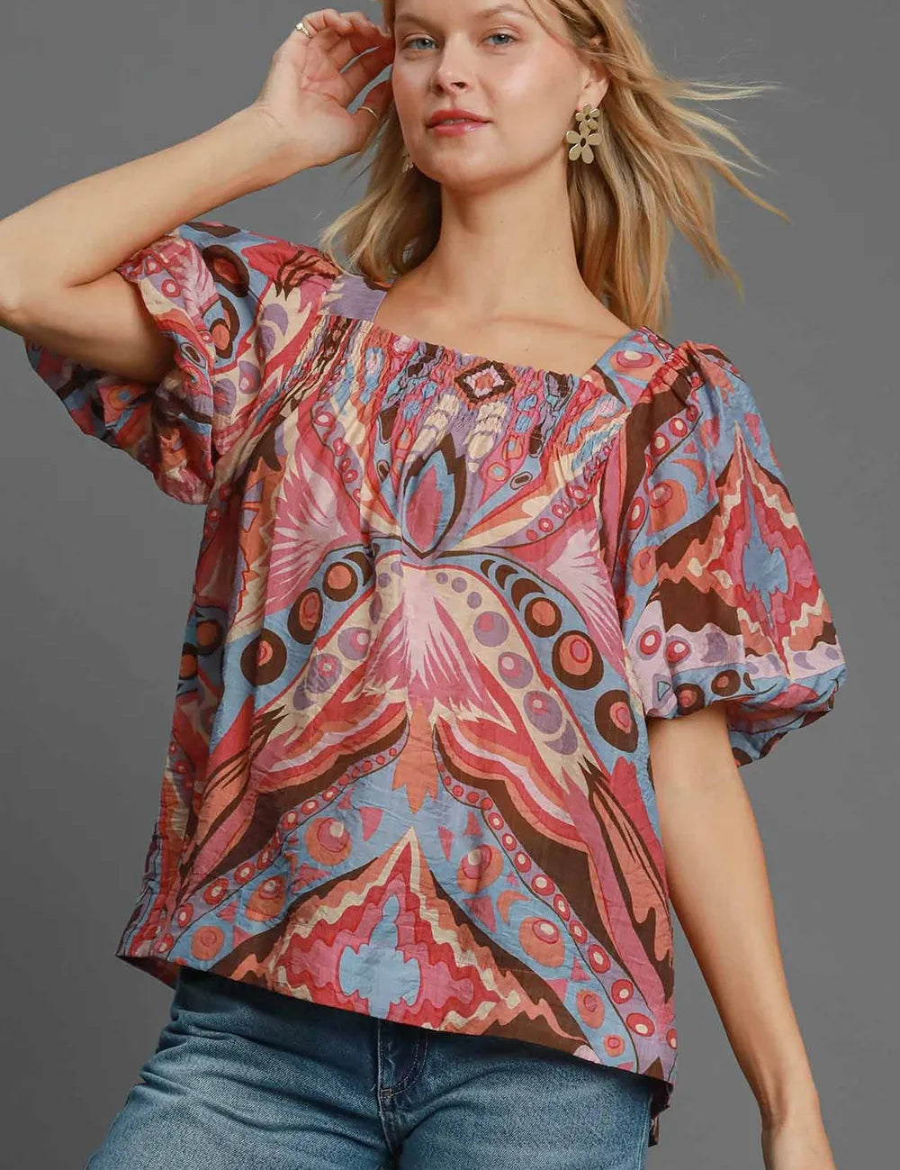 Pink Mix S Umgee Full Size Abstract Print Smocked Square Neck Puff Sleeve Blouse | Blouses Daverri Fashions