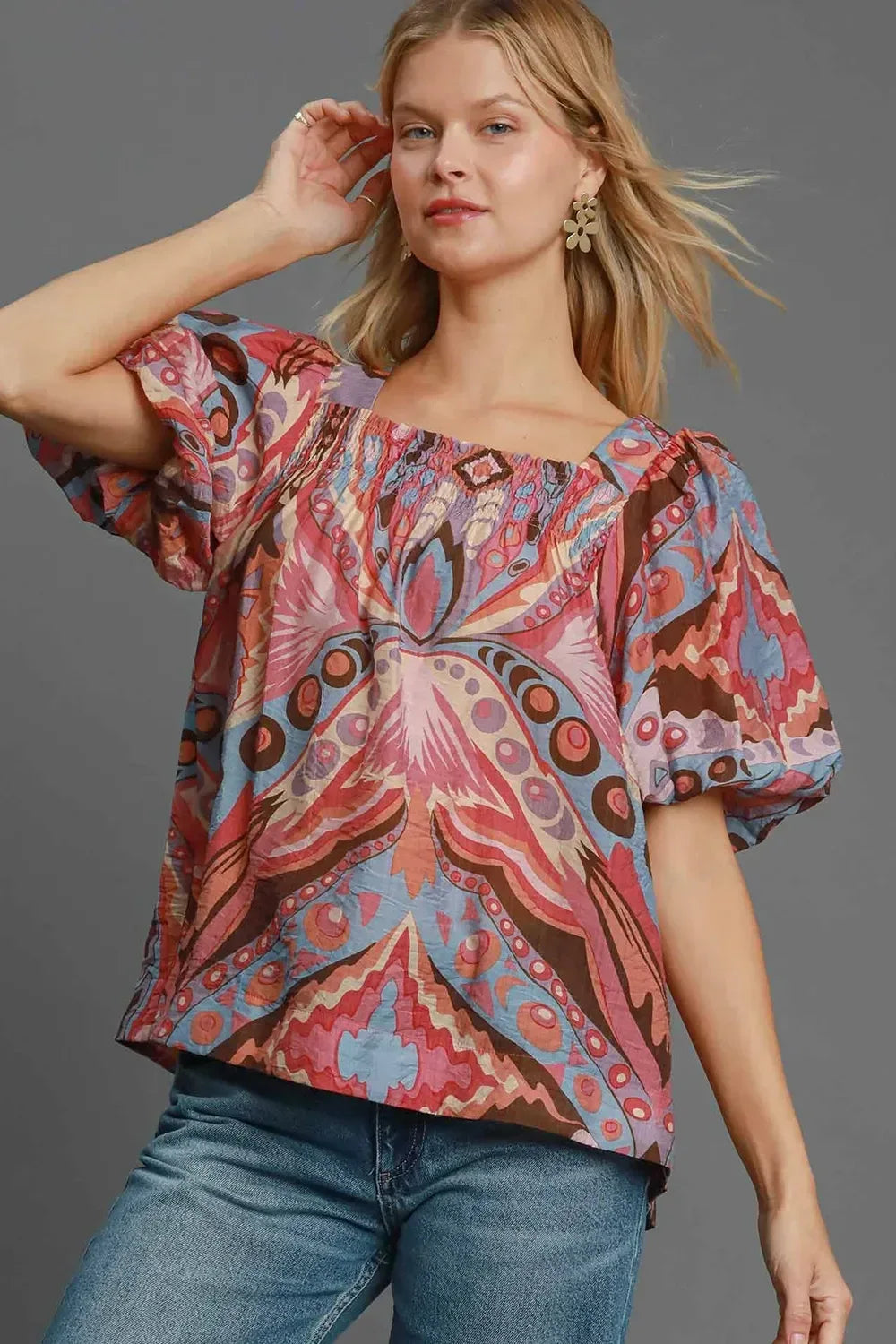 Umgee Full Size Abstract Print Smocked Square Neck Puff Sleeve Blouse - DAVERRI FASHIONS
