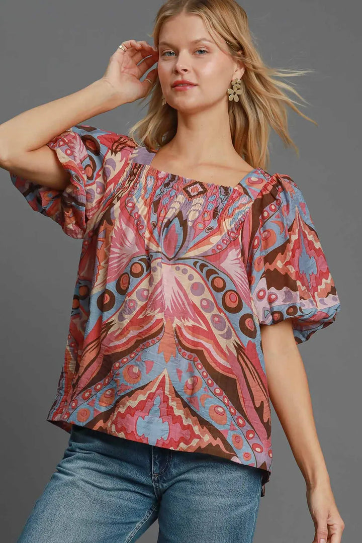 Pink Mix S Umgee Full Size Abstract Print Smocked Square Neck Puff Sleeve Blouse | Blouses Daverri Fashions