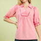 Umgee scalloped trim blouse in pink with puff sleeves and ruffled cuffs