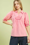 Umgee scalloped trim blouse in pink with puff sleeves and ruffled cuffs