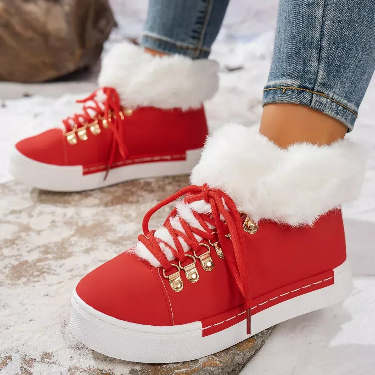 Fuzzy Trim Lace-Up Ankle Boots - DAVERRI FASHIONS