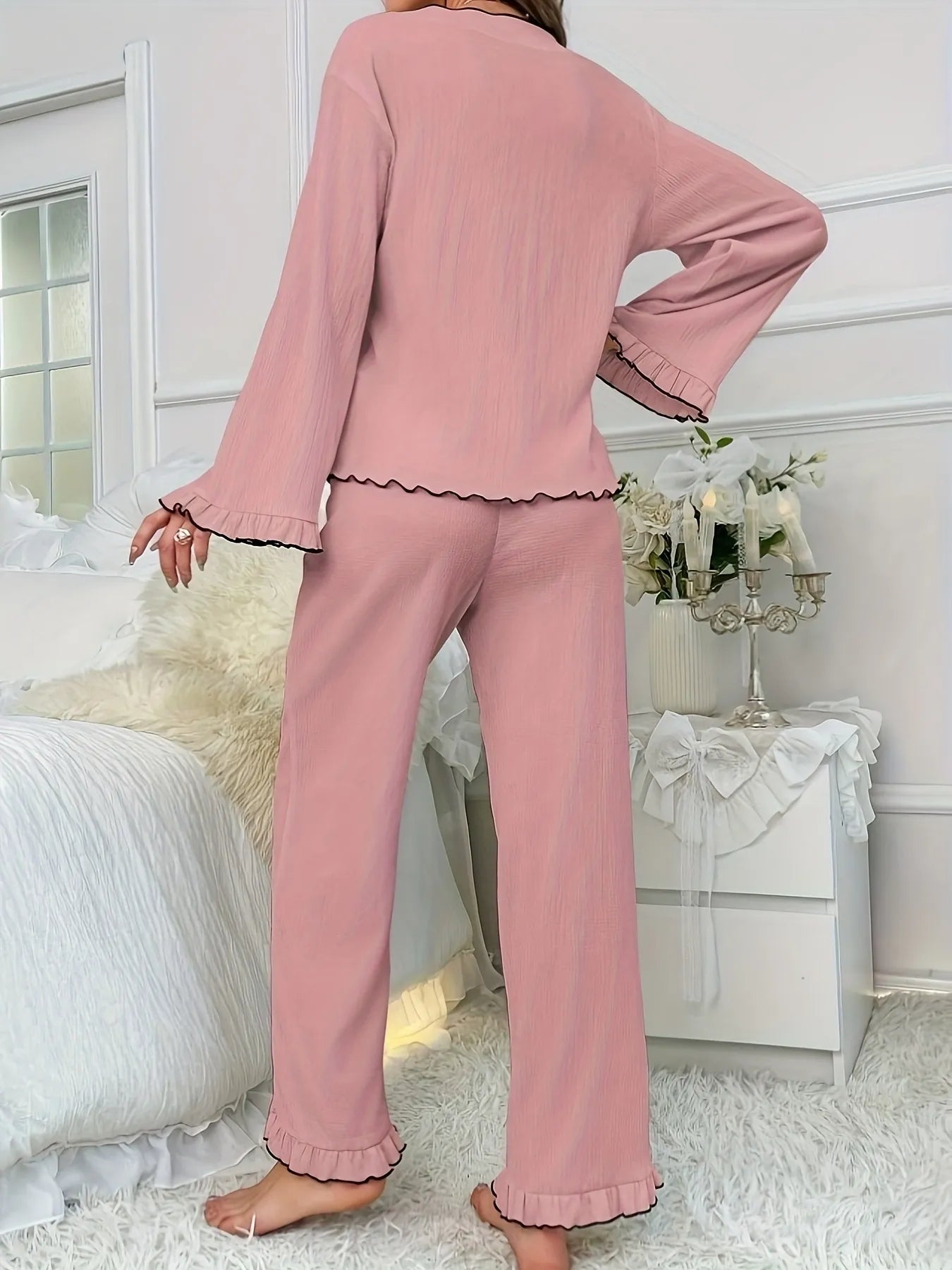 Contrast Trim Bow Tie Shirt and Pants Lounge Set | Loungewear Sets Daverri Fashions