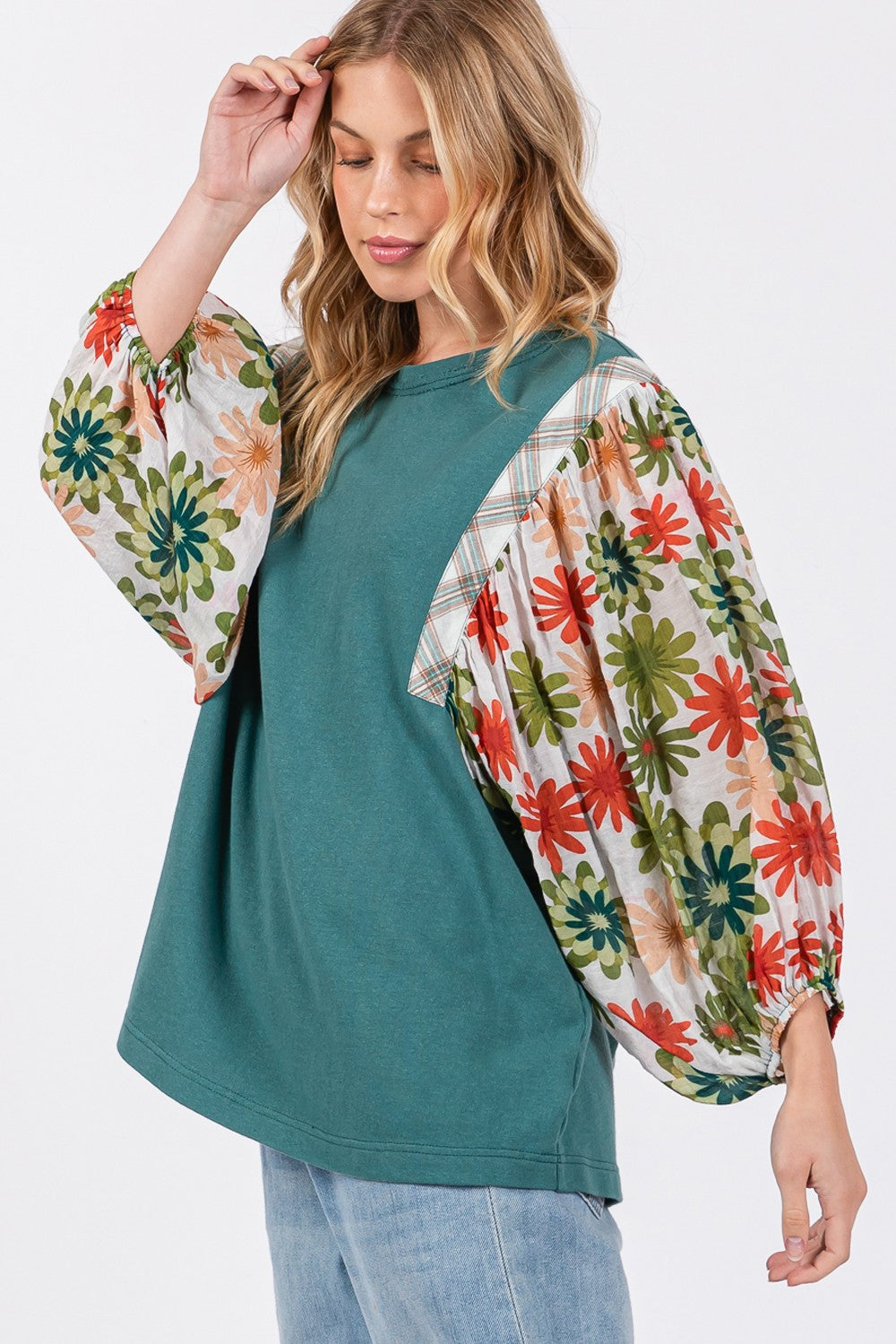 SAGE + FIG Full Size Printed Balloon Sleeve Contrast Top Tops